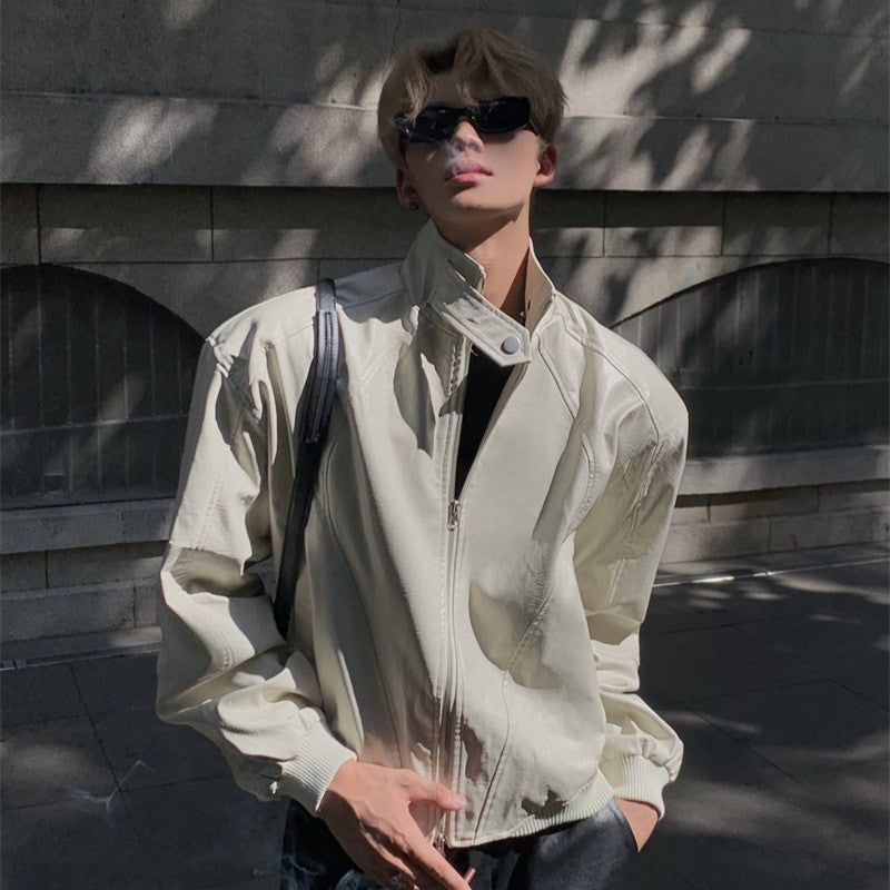 Stand Up Collar Design PU Leather Jacket Men's Retro Shoulder Pad Motorcycle Short Jacket Top