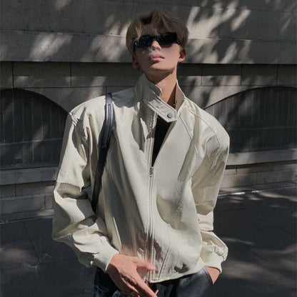 Stand Up Collar Design PU Leather Jacket Men's Retro Shoulder Pad Motorcycle Short Jacket Top