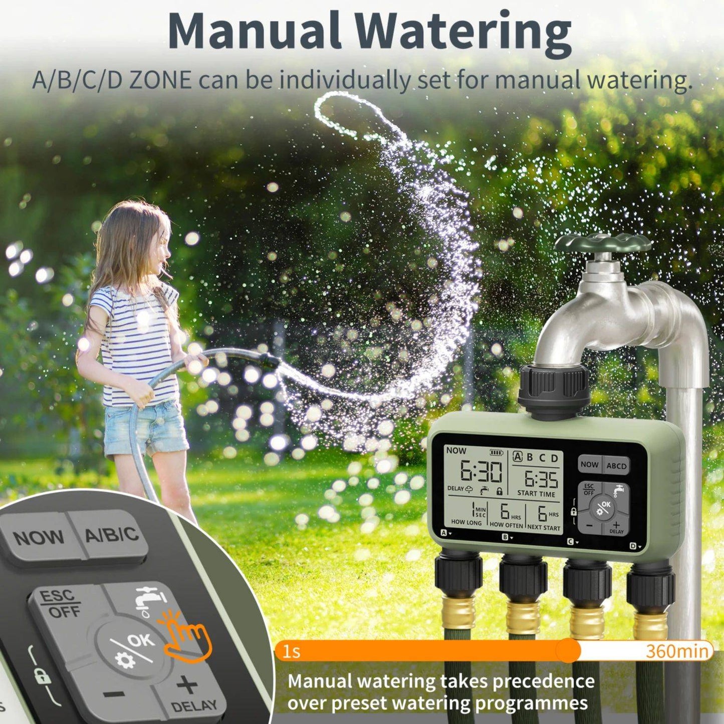 Diivoo Water Timer 4 Zone Garden Programmable Automatic Irrigation Timer with Rain Delay Manual/Auto Mode Watering for Lawn Yard