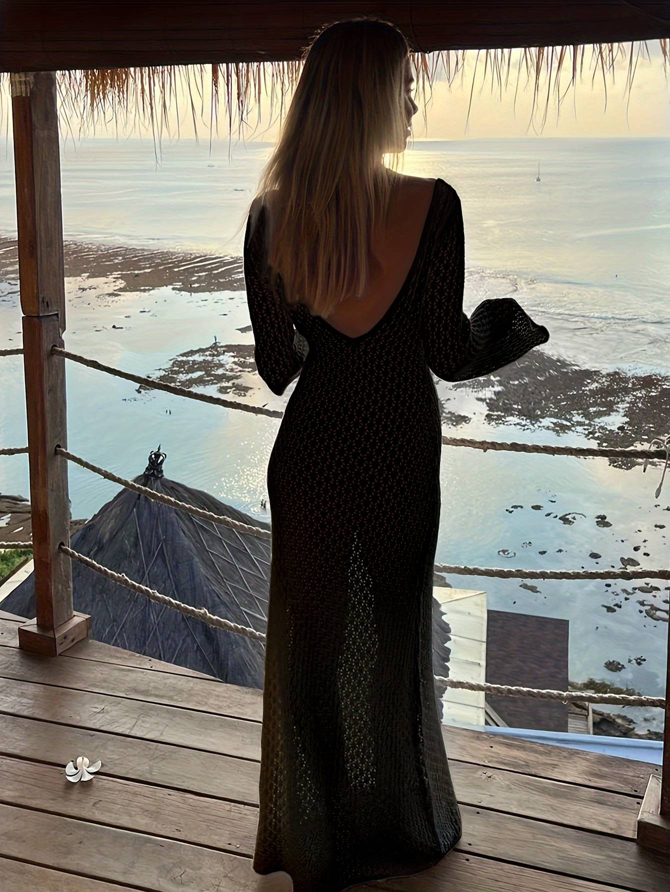 Sexy Women White Long Knit Sleeve Bikin Fashion Cover up Female See-Through Deep