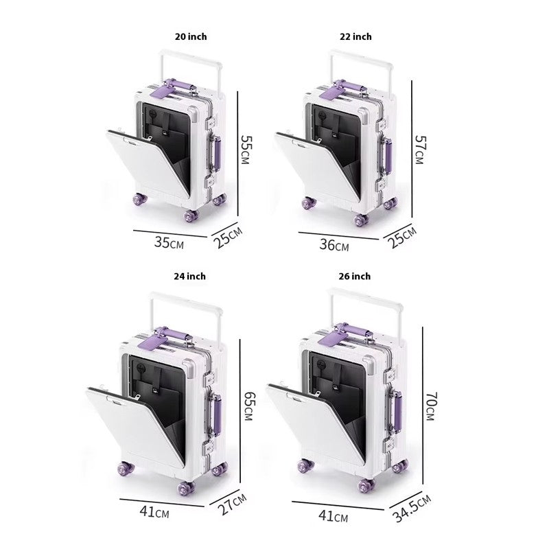 Front Opening Luggage High Quality PC Aluminium Frame Suitcase Wide Handle Carry on Travel Luggage With Laptop USB Charger Port