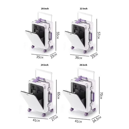 Front Opening Luggage High Quality PC Aluminium Frame Suitcase Wide Handle Carry on Travel Luggage With Laptop USB Charger Port