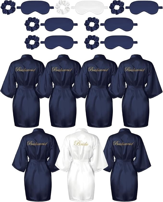 7 Pcs Bridesmaid Robe Sets Bride Silk Satin Bridal Party with Sleeping Eye Mask and Elastic Headband