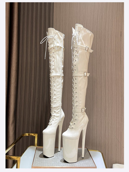 26cm Super High Heel Thigh High Boots Sexy Women Shoes Pole Dance Stripper Shoes Platform Over-the-Knee Zip Crotch High Boots