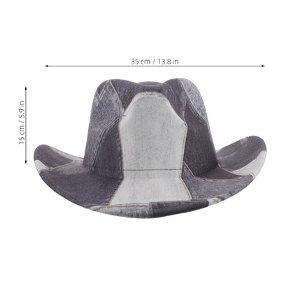 Western Cowboy Hat 56-58cm Polyester Patchwork Vintage Denim Print Wide Brim Flat Top Costume Cosplay Party Western Cowgirl Hat