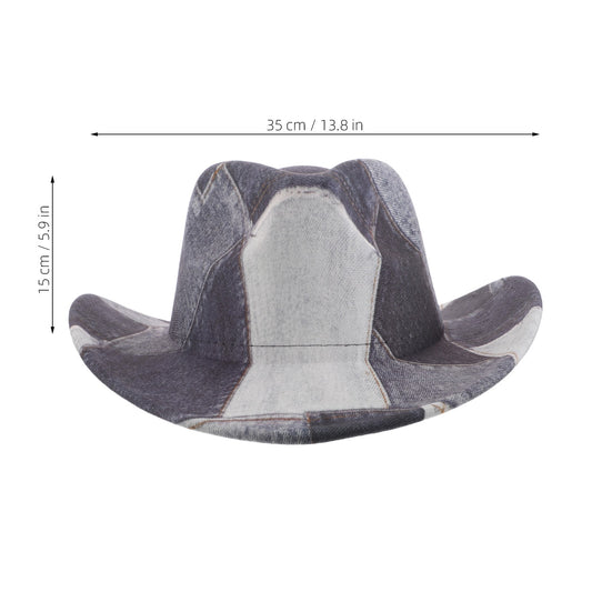 Western Cowboy Hat 56-58cm Polyester Patchwork Vintage Denim Print Wide Brim Flat Top Costume Cosplay Party Western Cowgirl Hat