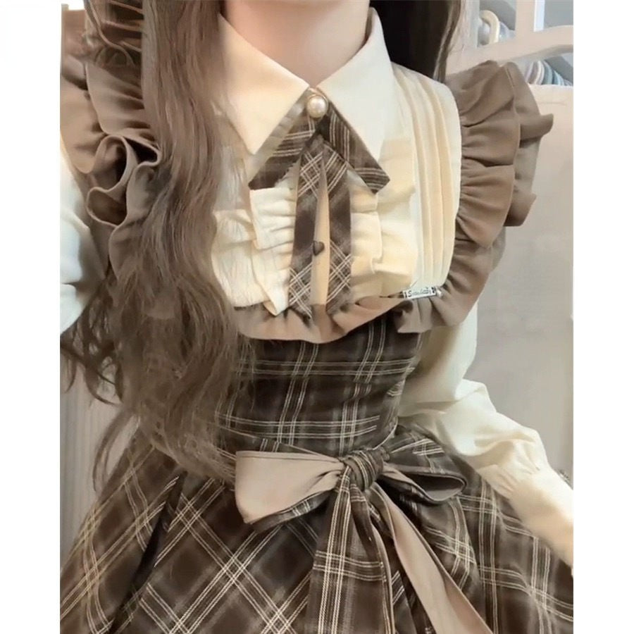 French Vintage Midi Dress Women Casual Evening Party Plaid Dress Office Lady Out