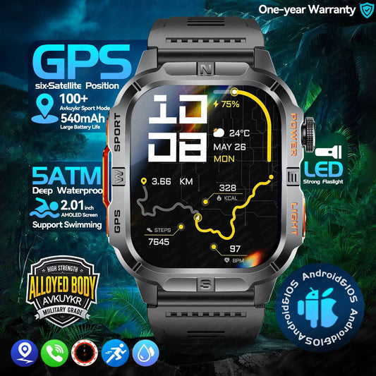 2026Novo Relógio Inteligente Militar GPS Masculino GPS Bússola Altímetro Barômetro Integrados 3ATM À Prova D'Água Pulseira Esportiva de 540mAh para Homens