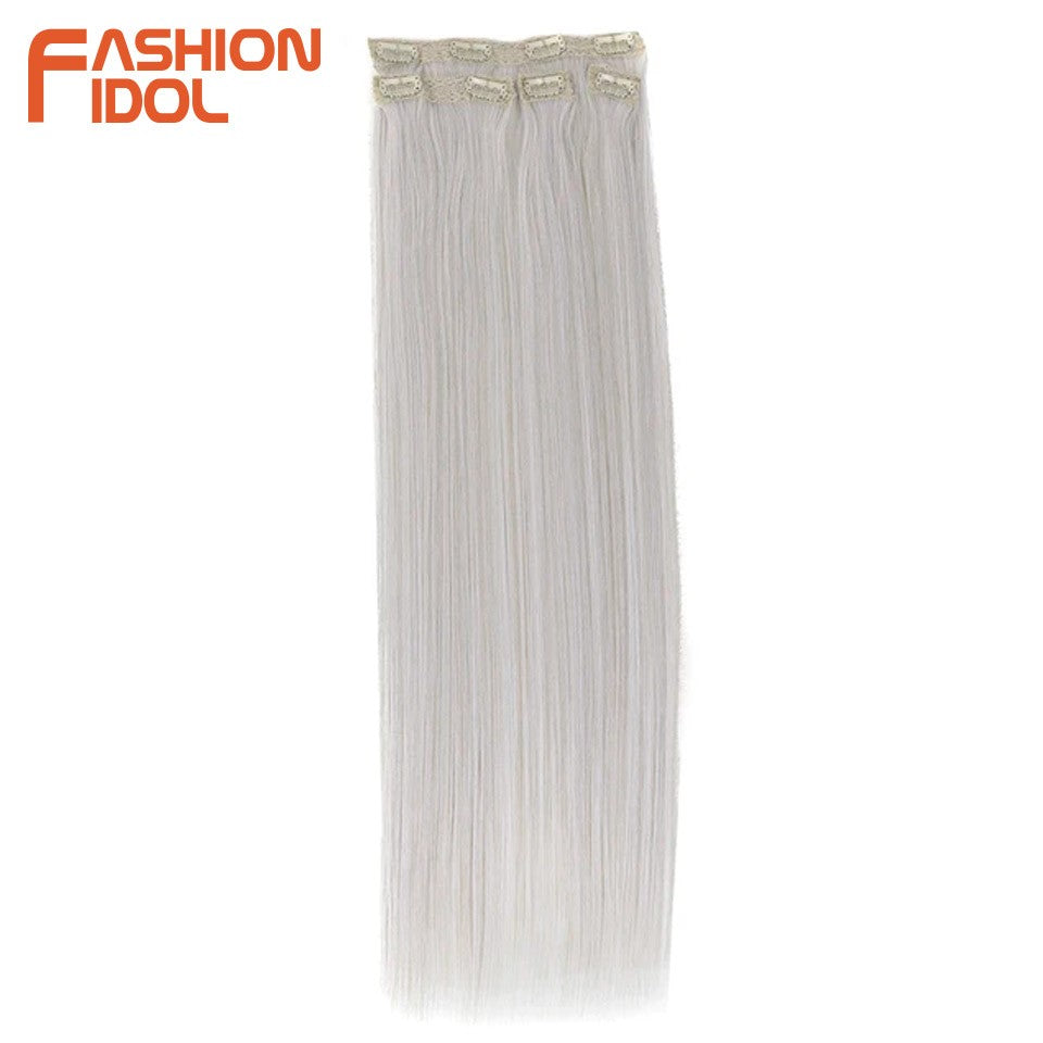 FASHION IDOL Long Straight Hairstyle 8 Clips In Hair Extensions Blonde 60CM Natural Synthetic Hair Daily Use Hairpiece Fake Hair