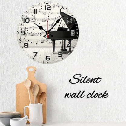Elegant Piano Notes Wooden Round Silent Hanging Wall Clock, Suitable For Living Room,Office,Study Room, Bedroom, Home Decoration
