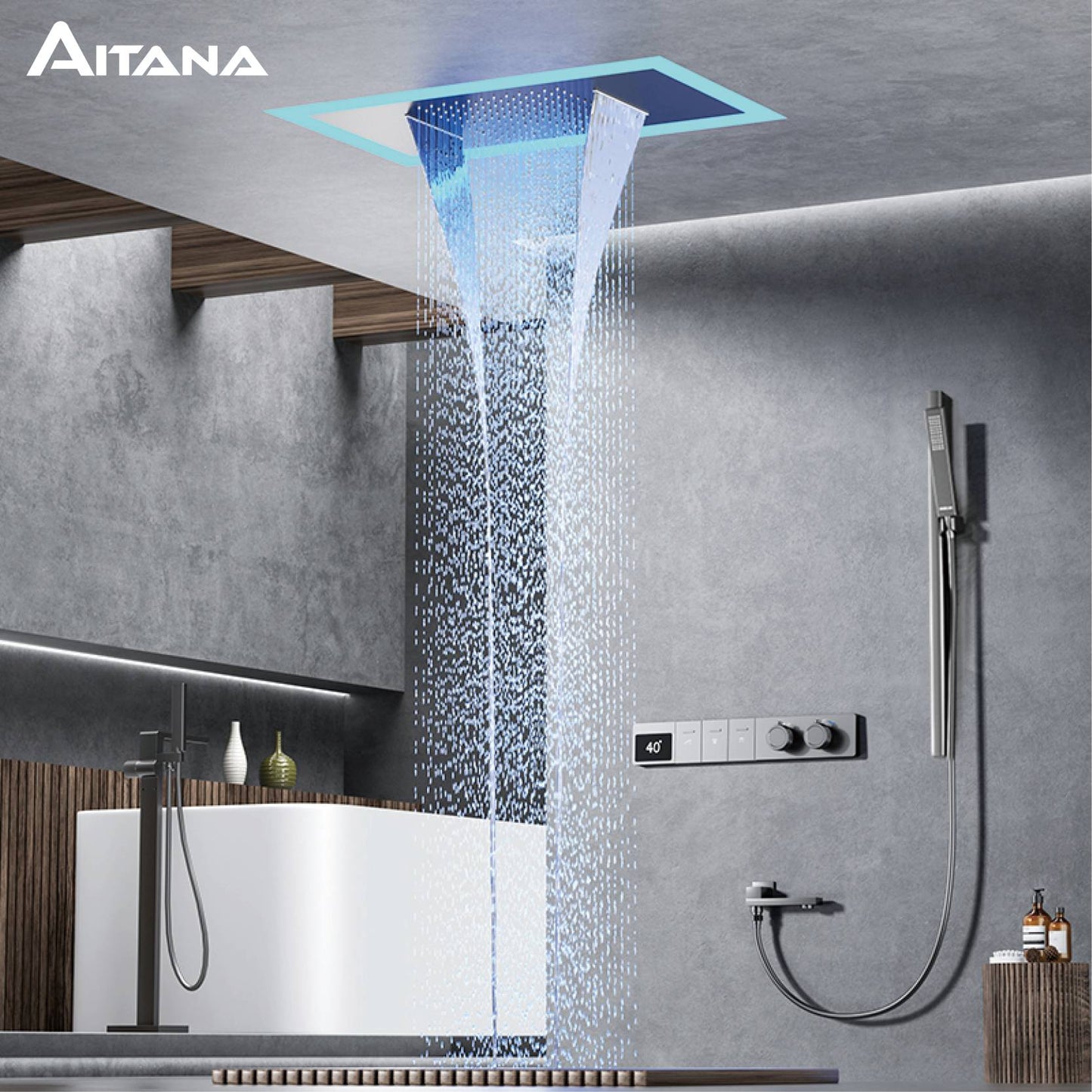 Sistema de chuveiro de teto luxuoso em latão cinza escuro com temperatura constante e display digital LED de água quente e fria, torneira de banheiro embutida