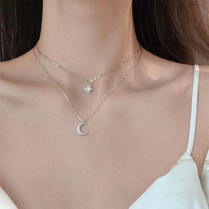 Colar de Prata 925 Feminino Camada Dupla Zircônia Estrela Lua Pingente Colar Delicado Corrente Charmosa Joia Elegante Presente da Moda