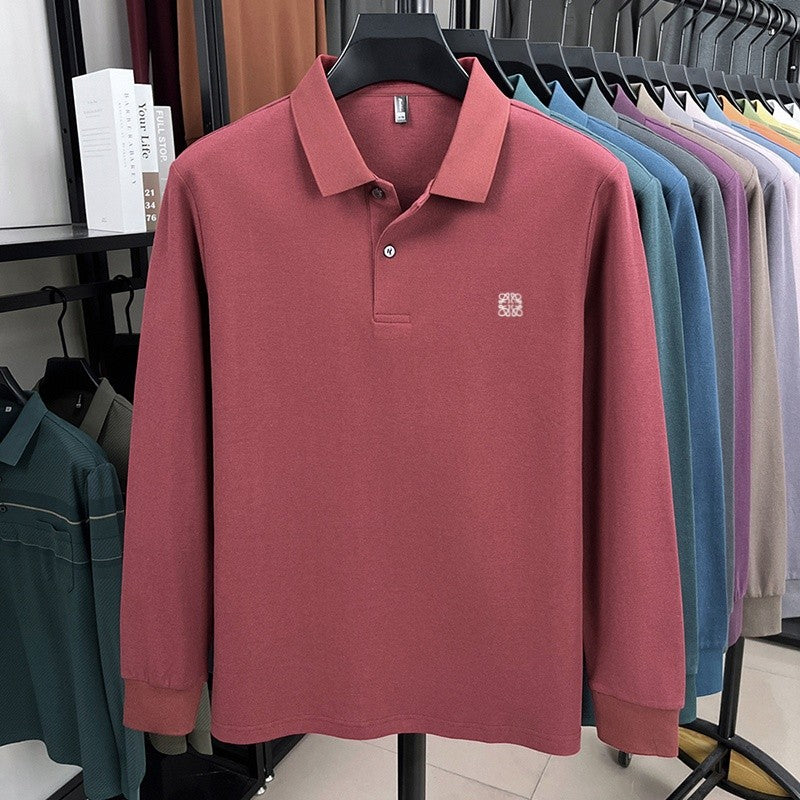 100% pure cotton spring and autumn fashionable men's collar striped long sleeved polo shirt brand embossed casual T-shirt