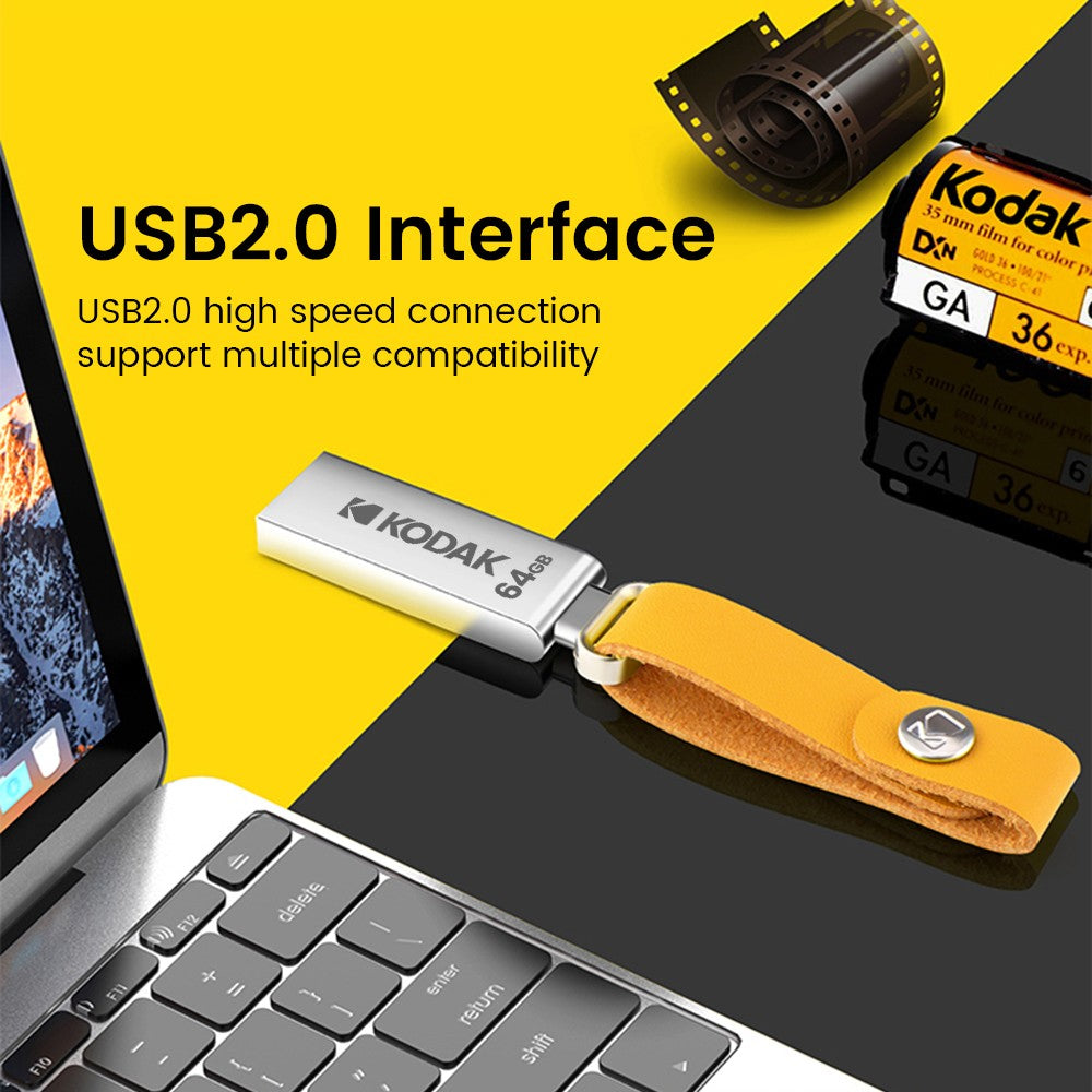 Pen Drive USB KODAK K122 de Metal 2.0 de Alta Velocidade 32GB/64GB/128GB Mini U-Disk Memory Stick com Alça para PC e Carros