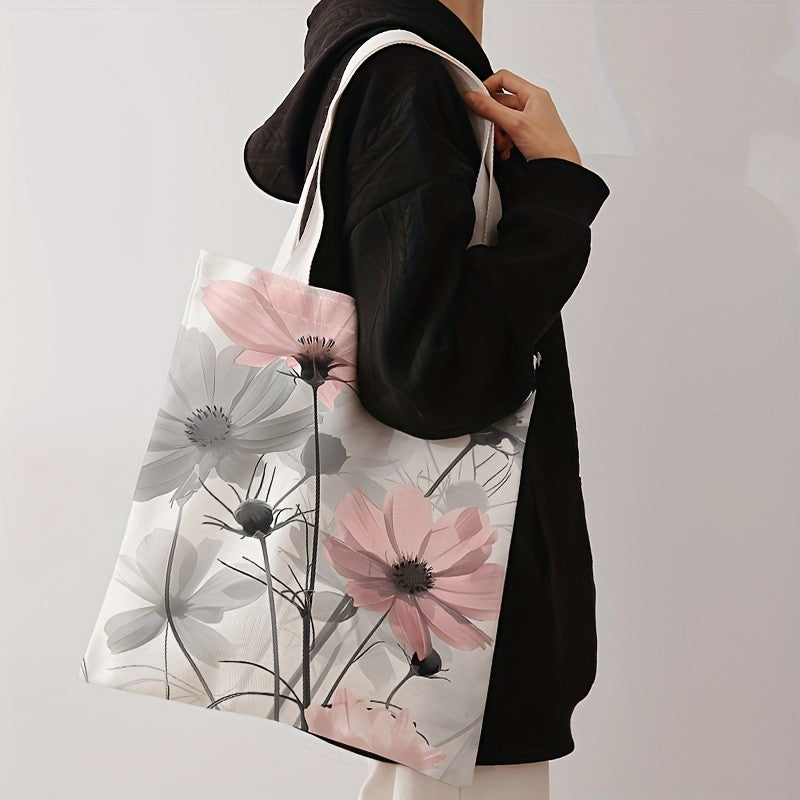 Floral Letter Pattern Printed Tote Bag Fashionable Reusable Shoulder Bag Polyester Handbag Lightweight Casual Shopper Bag