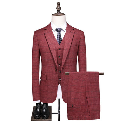 Mens Suits 3 Piece Business Office Formal Set Checkered Pattern Slim Fit Blazer Vest Pants High Quality Luxury Work Wedding
