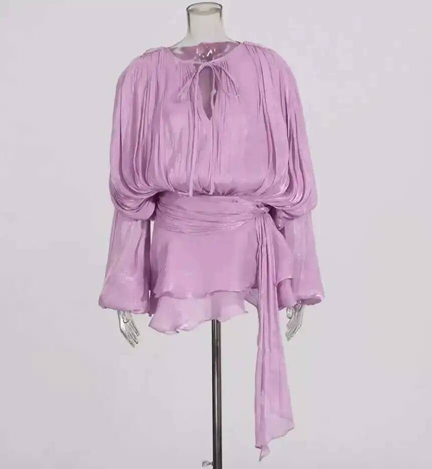 Beige Top Solid Blouse Mini Dresses For Women V Neck Long Sleeve Spliced Lace Up