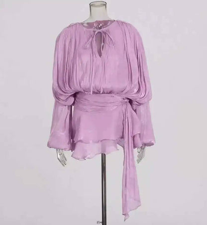 Beige Top Solid Blouse Mini Dresses For Women V Neck Long Sleeve Spliced Lace Up