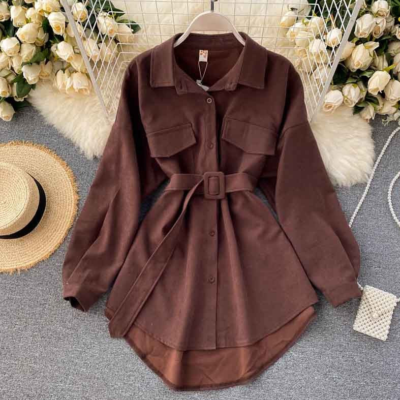 Women Spring Autumn Shirts Retro Cargo Style Pockets Long-Sleeved Shirt Puff Sleeve Bandage Nipped Waist Tops Female PL438