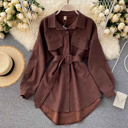 Women Spring Autumn Shirts Retro Cargo Style Pockets Long-Sleeved Shirt Puff Sleeve Bandage Nipped Waist Tops Female PL438