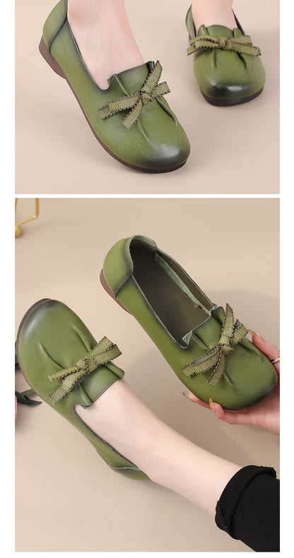 Vintage Plain Oxfords Shoes Women's Genuine Leather Flats Ladies Laced Up Moccasins Elderly Woman Square Toe Driving Loaferss