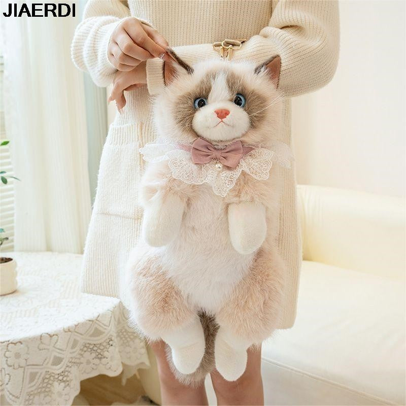 Mochila Nova e Fofa Realista de Ragdoll Feminina, Boneca de Pelúcia de Gato, Mochila Pequena de Lolita, Desenho Animado, Personalidade, Mochilas Chiques para Mulheres