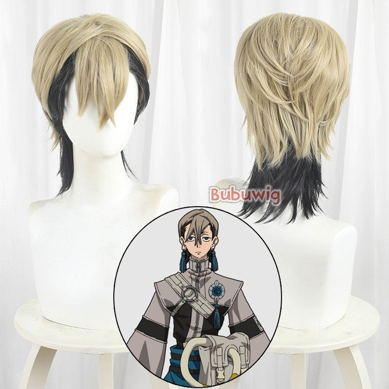 Peruca de Cosplay Zanka Nijiku de Cabelo Sintético Bubuwig Perucas de Anime Gachiakuta Zanka Nijiku Peruca Curta Loiro Misto Preto de 30cm Resistente ao Calor