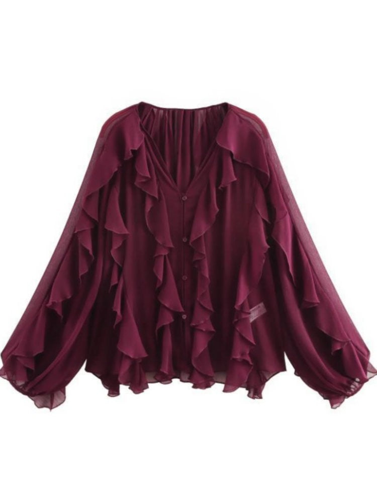 2025 Summer Chic Women's Elegant Loose Long Sleeve Layered Shirts Office Lady Vintage V-neck Translucent Tierred Ruffles Blouses