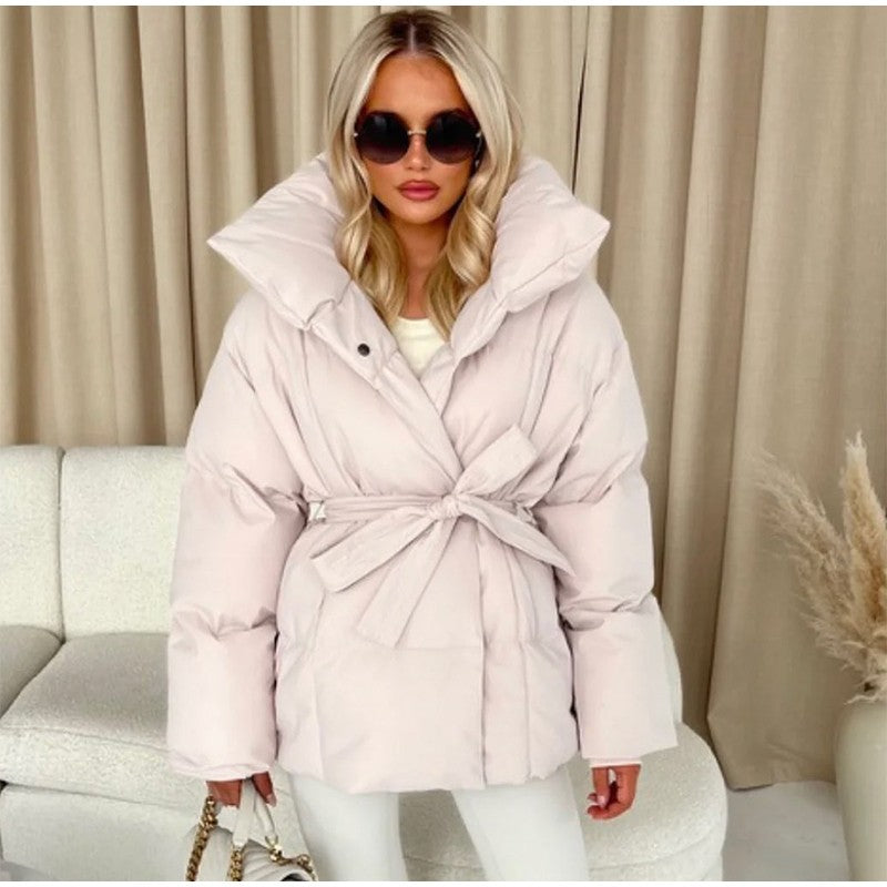 Solid Lapel Lace Up Cotton Coat Women Fashion Long Sleeve Warm Loose Pocket Short Coats Lady New Winter Commute Street Outwears