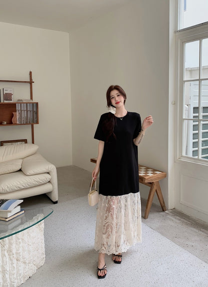 NYFS plus Size Women's Lave Patchwork Dress Summer 2025 Loose Long Dresses Robe Elbise Short Sleeve Korean Style Floral Hem