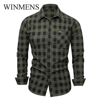Men's Checked Shirt 2025 Autumn Winter Long Sleeve Quality Cotton Casual Basic Tops Turn-down Collar Relaxed Cargo Shirts