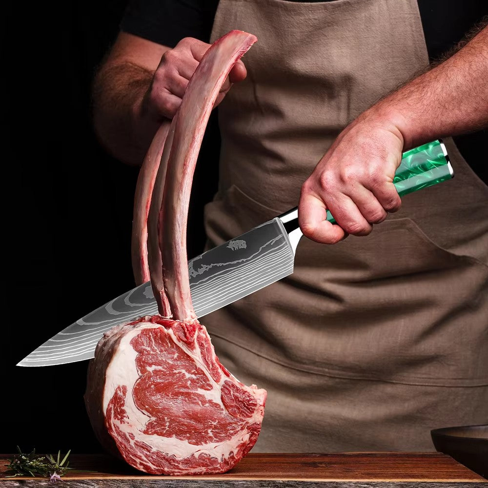 Conjunto de Facas de Cozinha, Conjunto de 15 Facas com Bloco de Madeira, Faca com Padrão Damasco a Laser em Aço de Alto Carbono Japonês com Facas de Bife