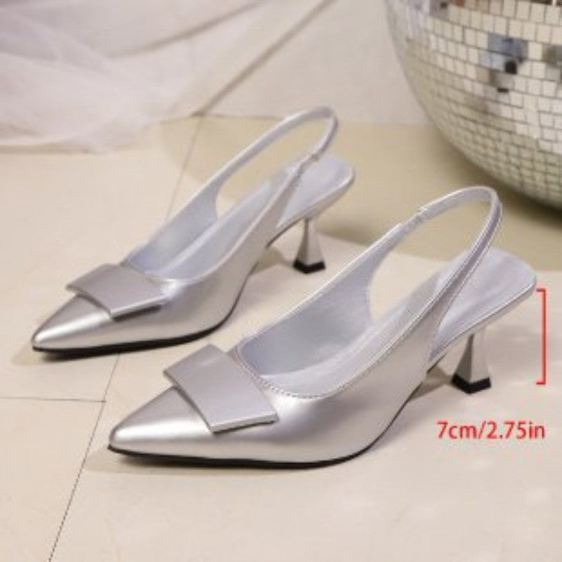 Women's Sandals Covering Toe High Heels Summer Pointed Toe Back Hollow Elegant Silver Color Ladies Shoes Rubber Sole