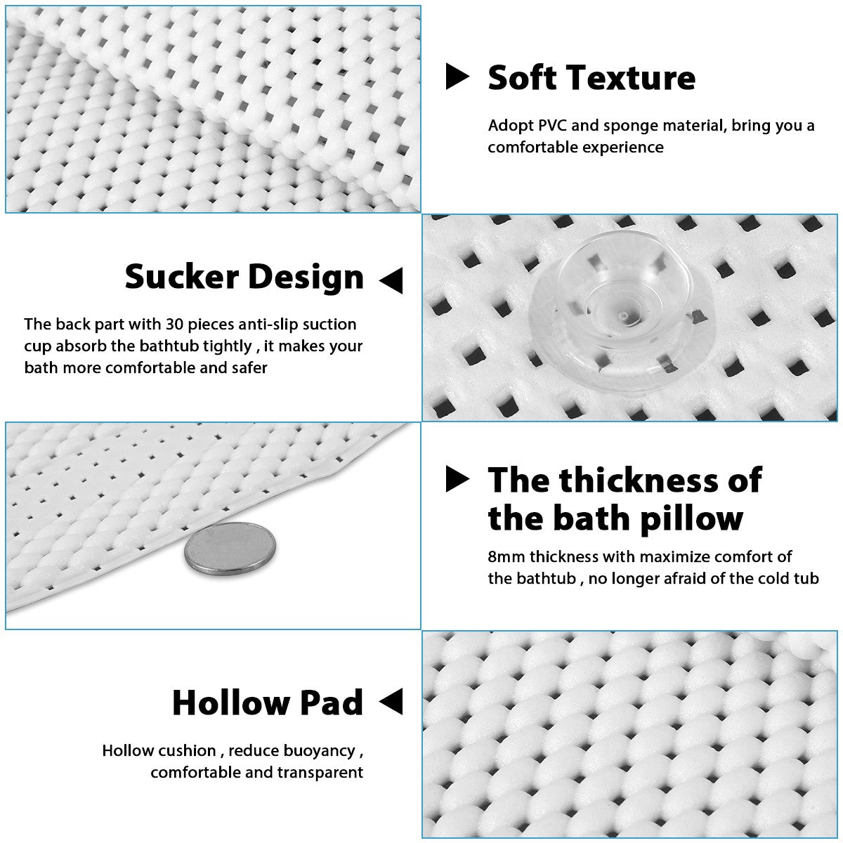 Non-slip Bathtub Cushion Mat with Suction Cup Full Body Rest Bath Pillow SPA Neck Cushion Hangable Bathroom Safety Accessories