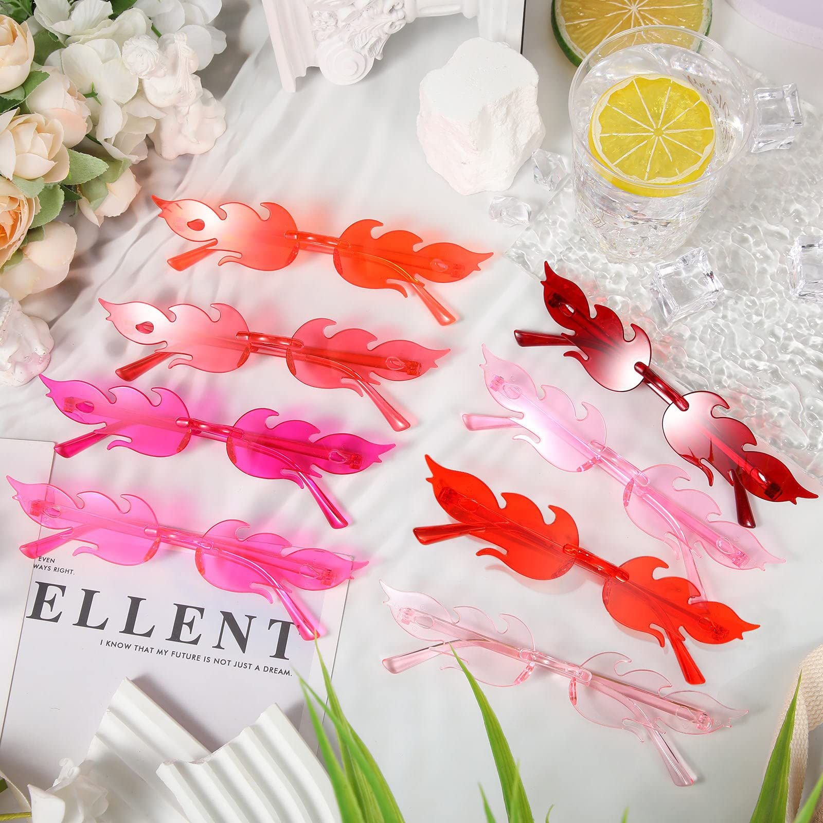12-120Pcs Fire Flame Sunglasses Rimless Fire Sunglasses Candy Color Party Sunglasses Wedding Funny Sunglasses for Guest