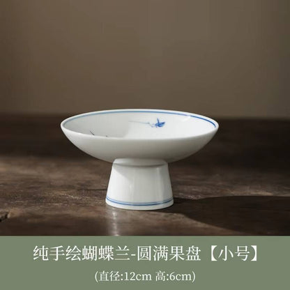 Pure Hand-painted Butterfly Orchid Fruit Plate, Dehua White Porcelain Tea Snack Living Room Table, High Footed Fruit Snack Plate
