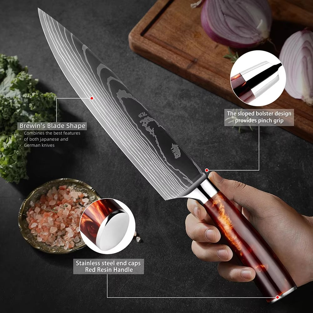 Conjunto de Facas de Cozinha 15 Peças Com Bloco de Madeira, Faca Profissional de Chef em Aço com Padrão de Damasco a Laser, Com Tesoura e Afiador