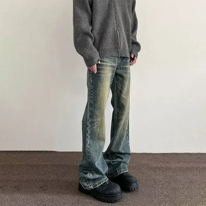 Vintage American Style Men's Straight-Leg Slimming Long Jeans Distressed Washing Denim Pants Trendy Brand Bootcut Pants