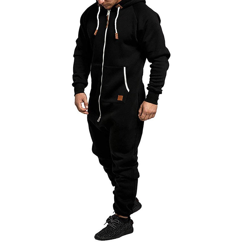 Men's Hooded Fleece Lining Jumpsuit Autumn Winter Warm Long Sleeve Full Zipper Overalls with Kangaroo Pockets Night Clothes