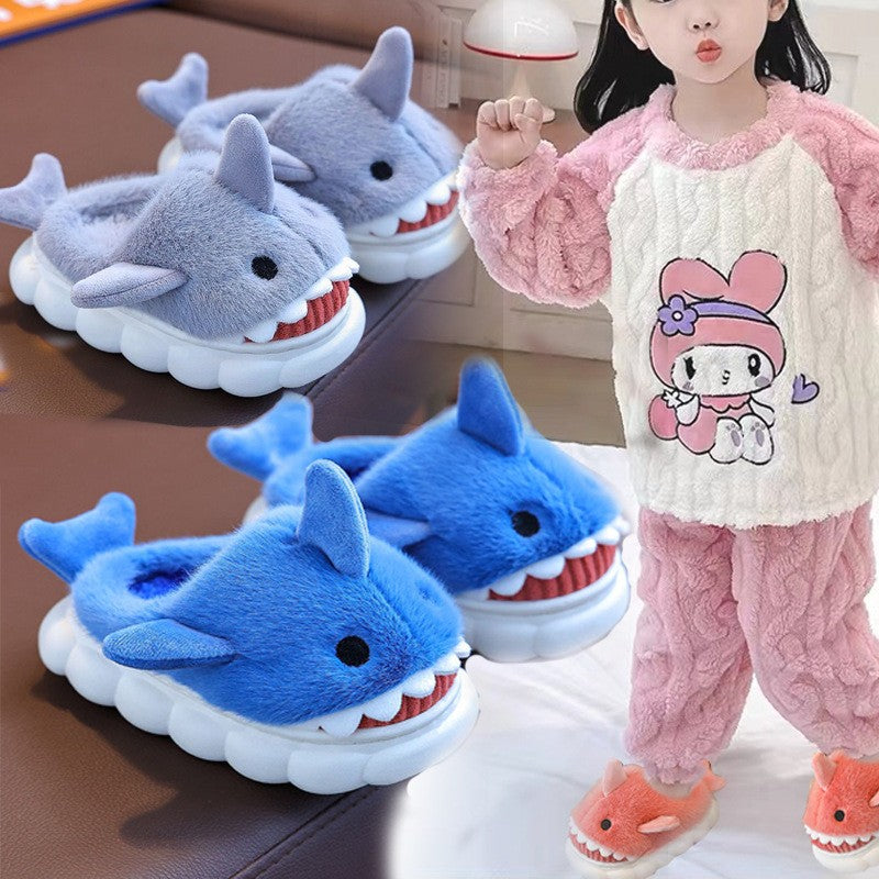 Winter Heel Wrap Cotton Children's Slippers Cute Cartoon Shark Non-slip Soft Sole Kids Boys Girls Junior Warm Plush Home Shoes