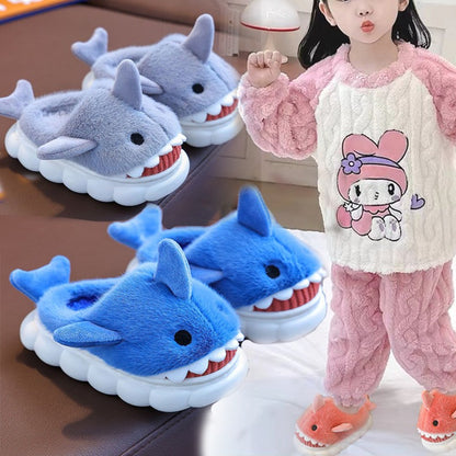 Winter Heel Wrap Cotton Children's Slippers Cute Cartoon Shark Non-slip Soft Sole Kids Boys Girls Junior Warm Plush Home Shoes