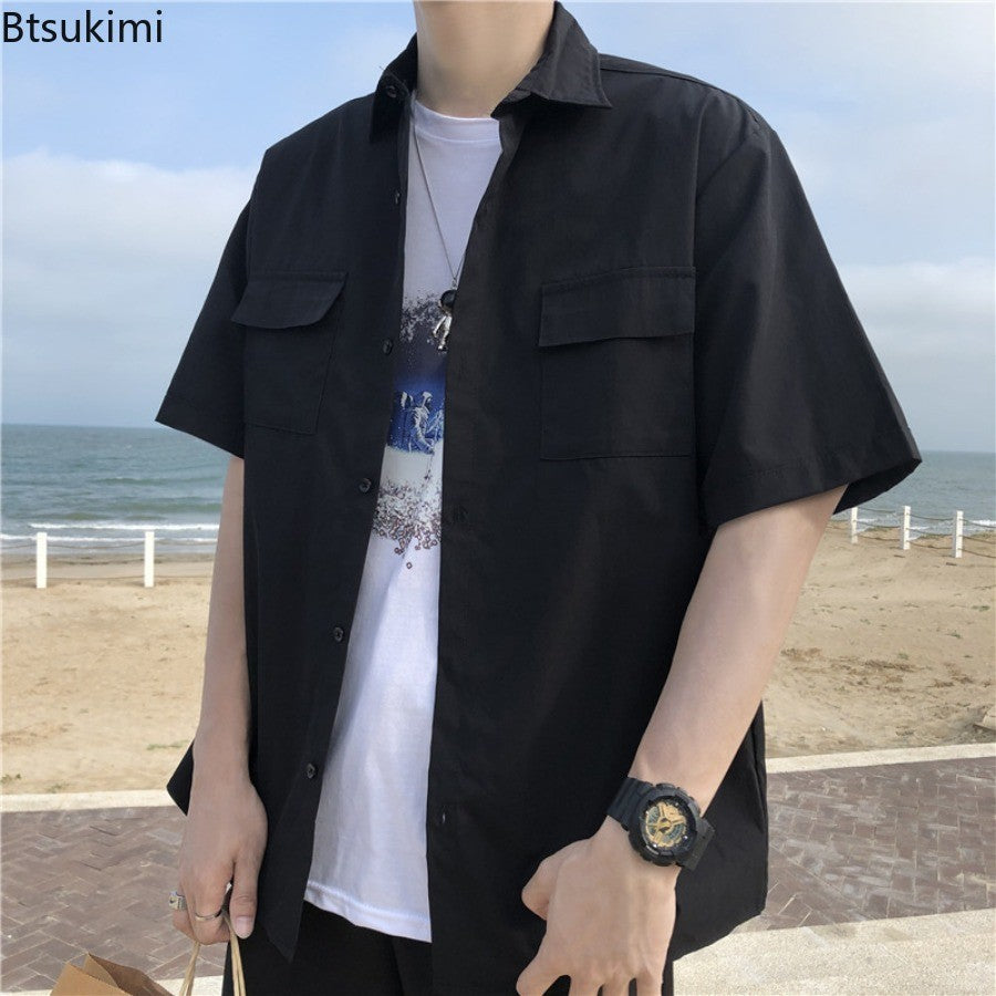 Summer Basic Shirts for Men 2025 New Half Sleeve Cargo Shirts Loose Casual Lapel Cardigan Tops Male Shirt Coats Retro Streetwear
