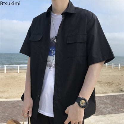 Summer Basic Shirts for Men 2025 New Half Sleeve Cargo Shirts Loose Casual Lapel Cardigan Tops Male Shirt Coats Retro Streetwear