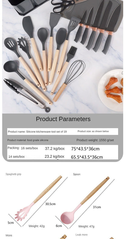Conjunto de utensílios de cozinha de silicone, 19 peças com cabo de madeira, espátula, panela antiaderente e balde de armazenamento de facas multiuso integrado