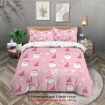 3-piece Christmas themed pink Santa Claus print (1 duvet cover+2 pillowcases, no core) soft and comfortable bedding set