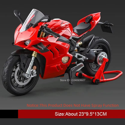 Modelos de motocicleta em miniatura 1:9 Scale 1299 V4S Brinquedos de motocicleta de liga leve com som, luz e absorção de choque, motocicletas de ornamento para presentes infantis