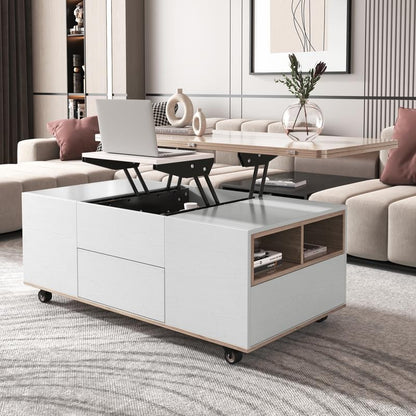 Modern Walnut & White Lift-Top Coffee Table, Multi-Functional with Drawers & Shelves