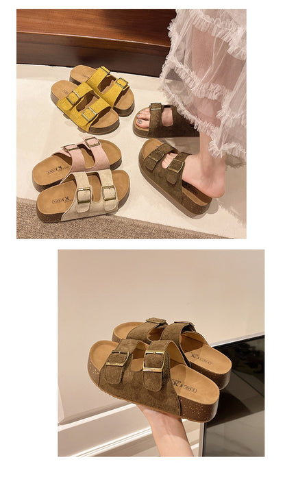 Bebealy Women's Sandals Soft-soled Platform Sandals Double Buckle Roman-style Belt-buckle Slippers Popular Slip-on Flat Slippers