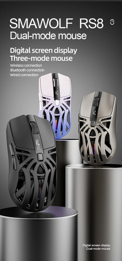 Mouse Gamer Sem Fio Ergonômico SmailWolf RS8, Tri-Modo com Design Oco Ultraleve, 1000Hz e Bateria de Longa Duração