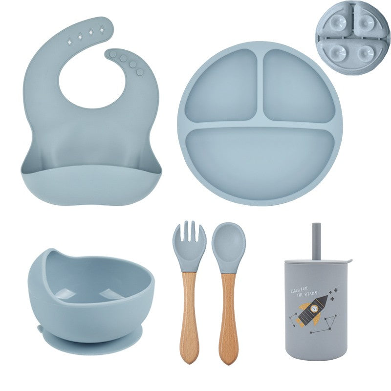 5P Baby Silicone Tableware Set Lid Divided Plate With Suction Bowls Straw Cup Wood Spoon Fork for Toddler Feeding Training Plate